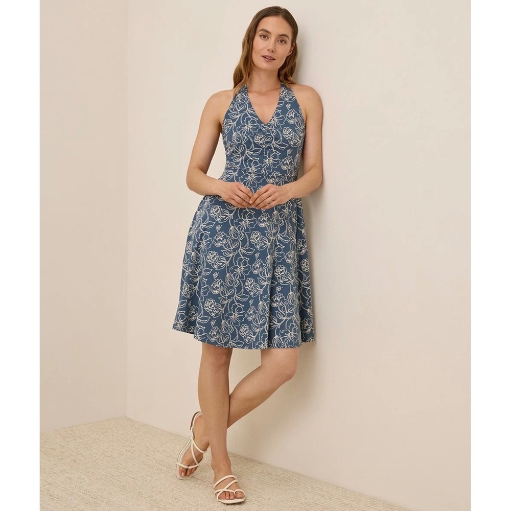 Pact Fit & Flare Dress M Blue Floral Organic Cotton Halter Neck T-Back Summer